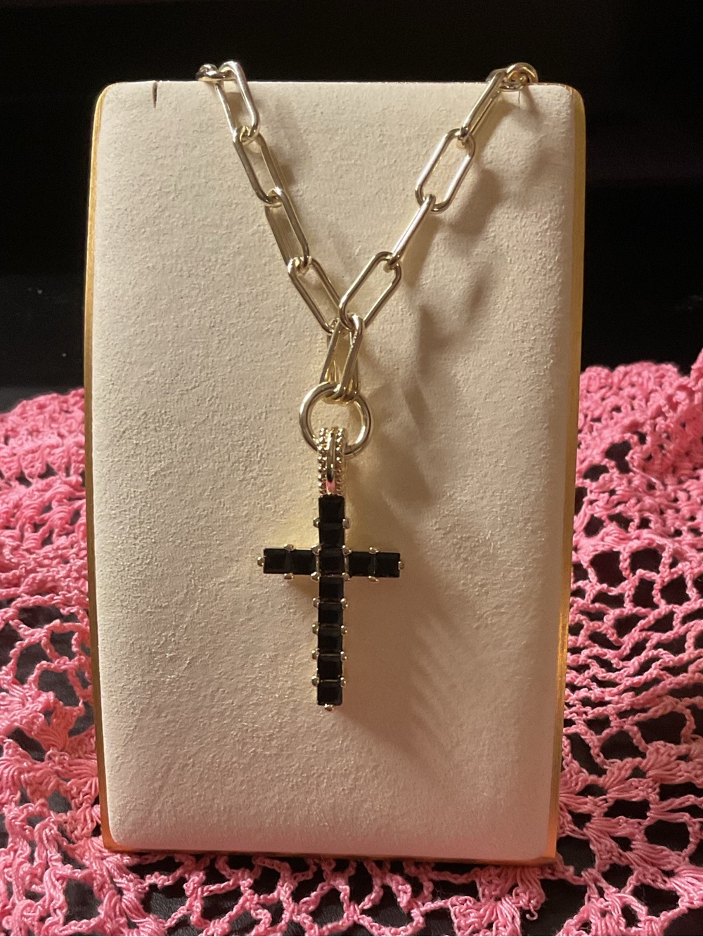 Gold-Tone Chain Necklace with Black Cross Pendant